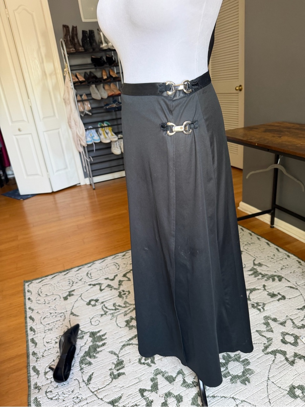 Vintage Joule Black Maxi Skirt with Silver-Tone Buckle Details